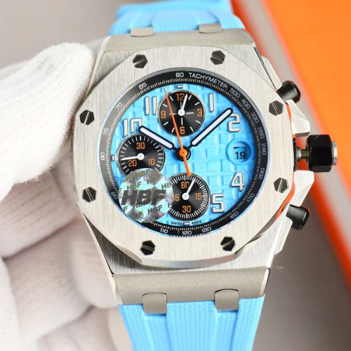 Sport Chronograph Watch Baby Blue – White Ceramic Bezel – Blue Rubber – 44mm