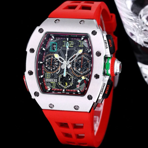 Racing Sport Watch - Flyback Chronograph - Silver 904L Steel & Red Rubber